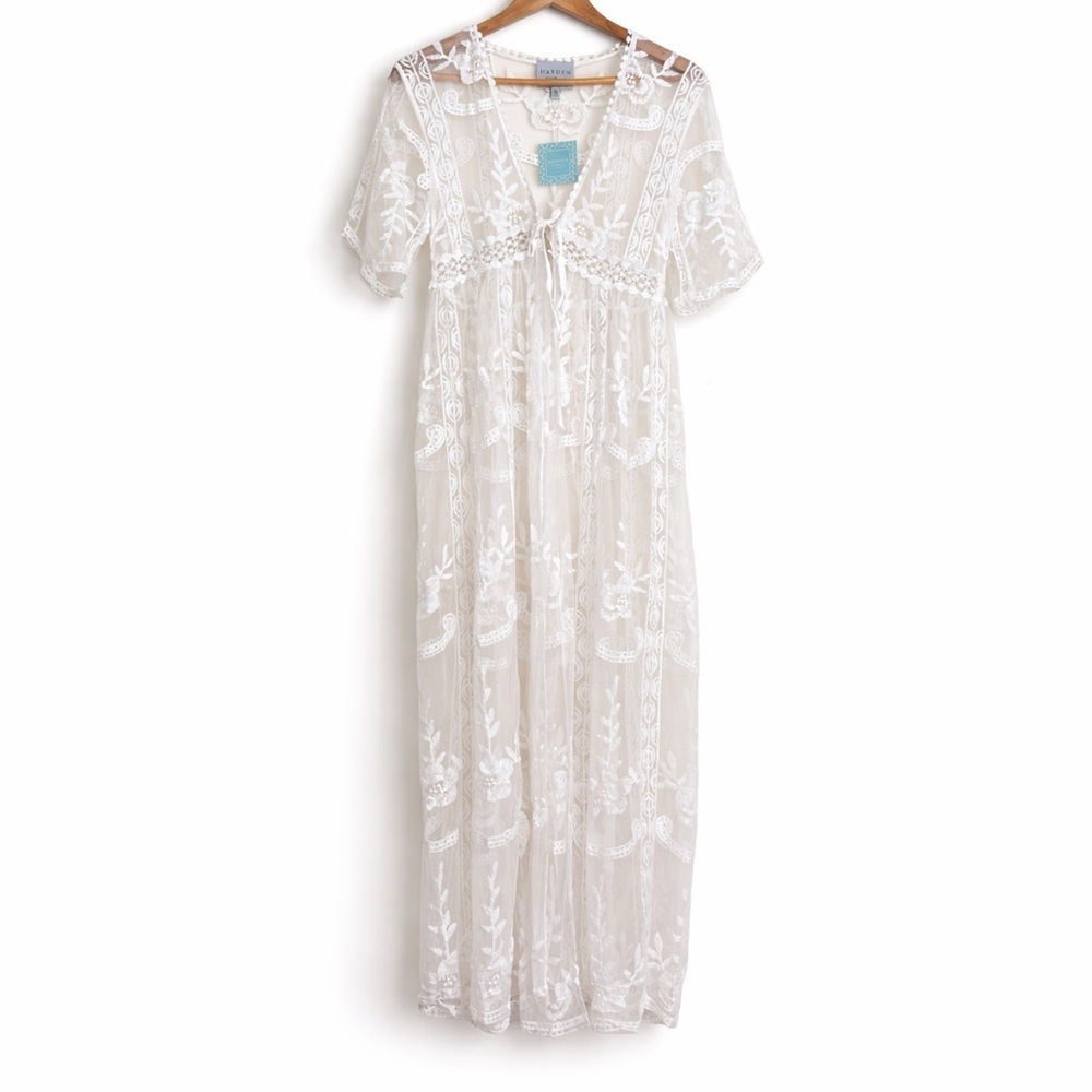 Hayden | NWT White Lace Floral Swim Cover-Up Short-Sleeve Embroidered Duster